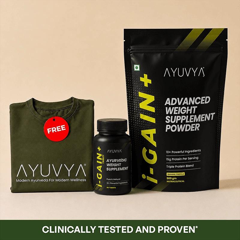Ayuvya i-Gain+ Tablets and Weight Gain Powder 500gm Combo + Free T-Shirt